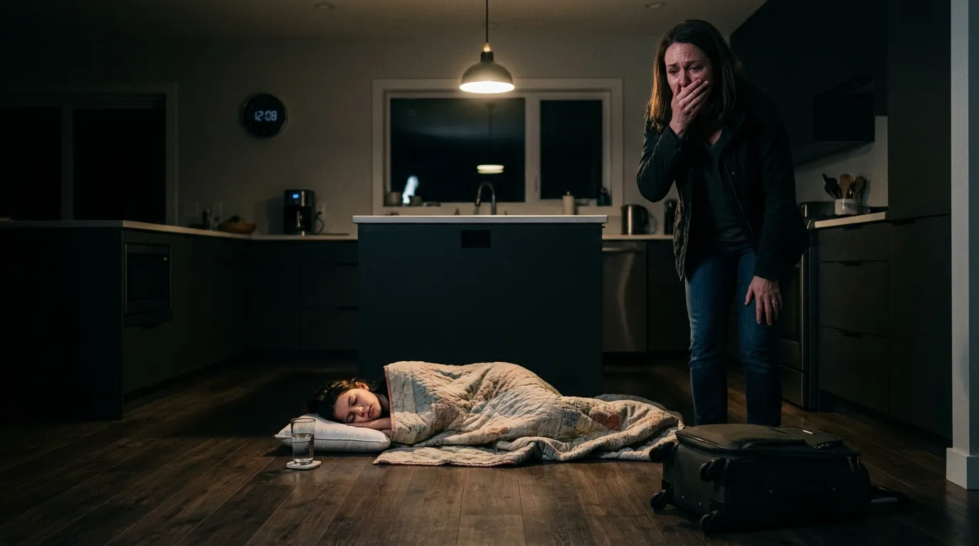 A young girl sleeping on a kitchen floor with a blanket while her mother looks on in shock