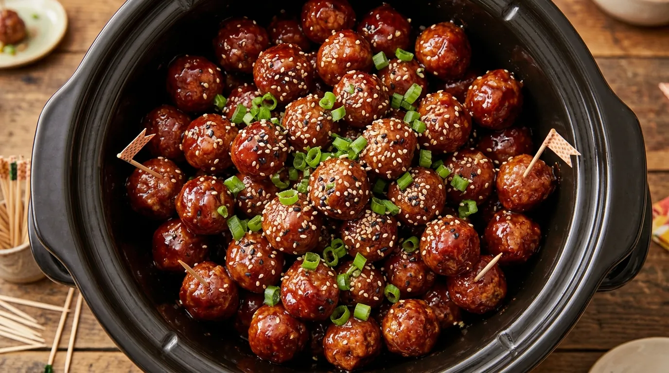 Glossy, delicious cocktail meatballs in a slow cooker garnished with green onions and sesame seeds