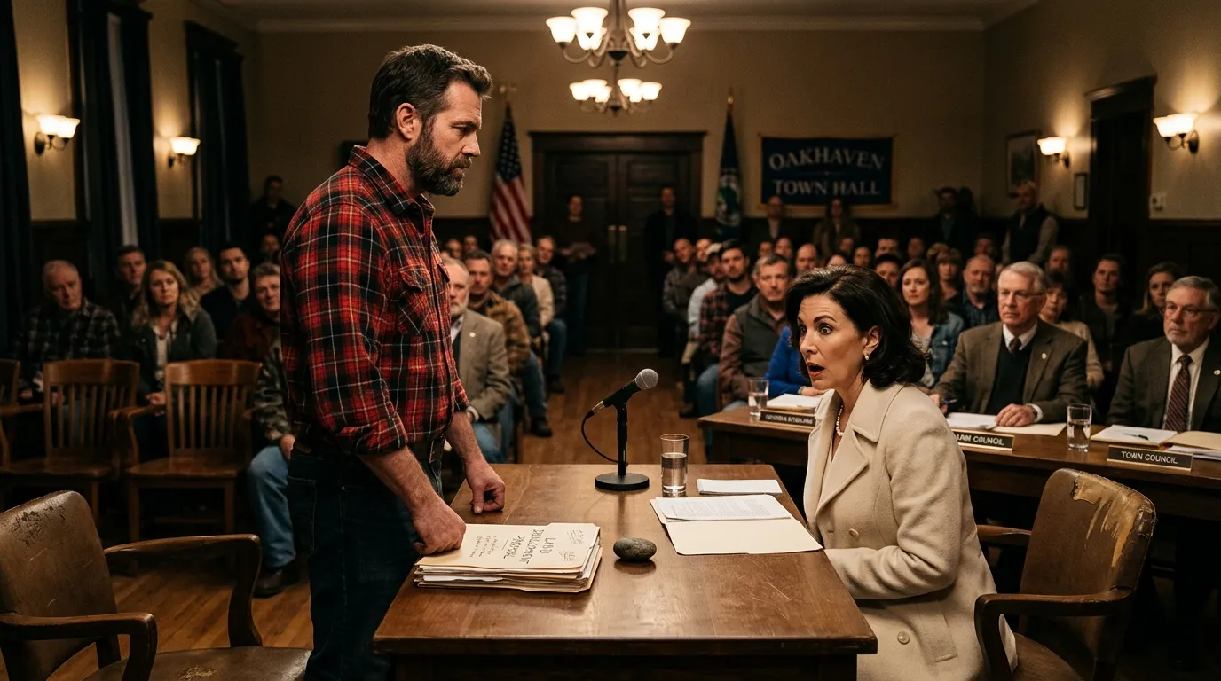 A mechanic in a flannel shirt presenting a folder and a small stone at a small town civic hall meeting while a wealthy business woman looks on in shock.