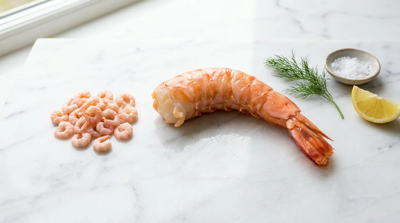 Comparison between tiny cocktail shrimp and a massive jumbo prawn