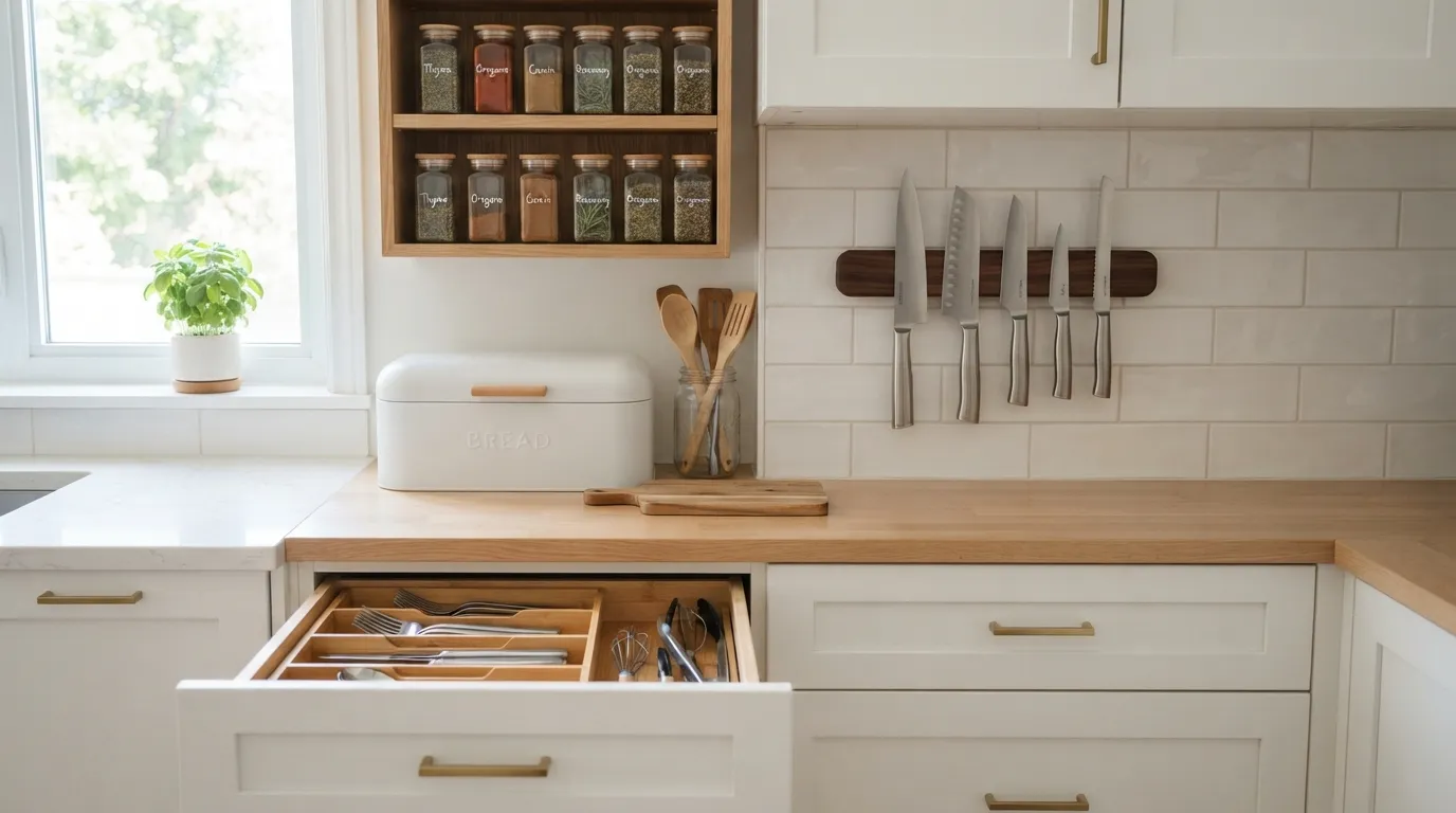 Organized kitchen drawer with magnetic knife strip, bread box, and neatly stored spices