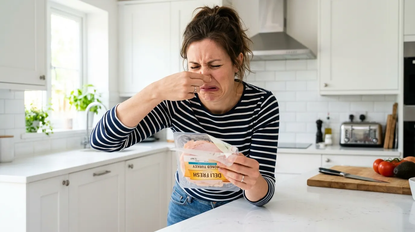 Person grimacing while smelling a package of spoiled lunch meat