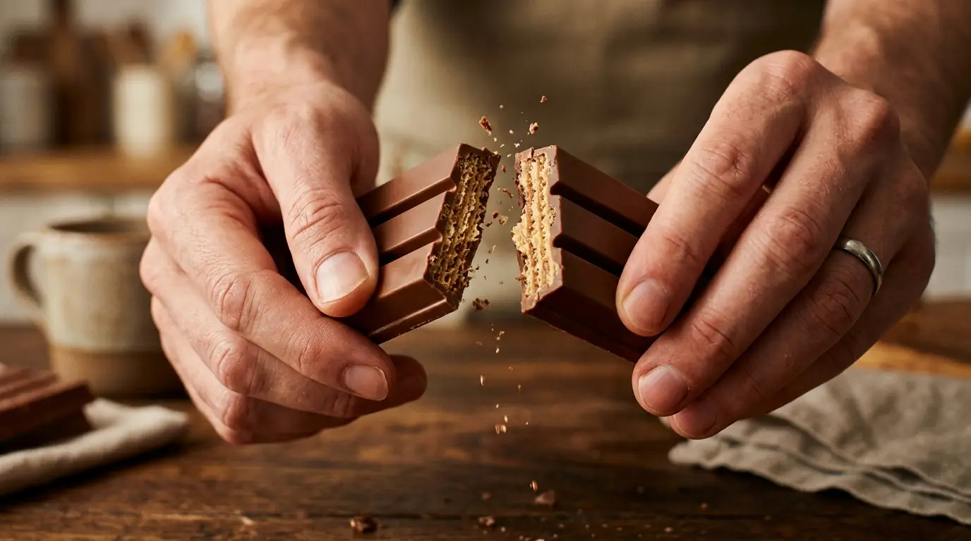 Close up of a person snapping a chocolate wafer bar in half showing the layers