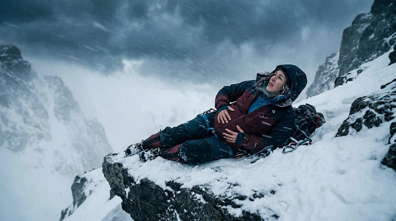 A pregnant woman lying injured on a snowy mountain ledge during a blizzard.