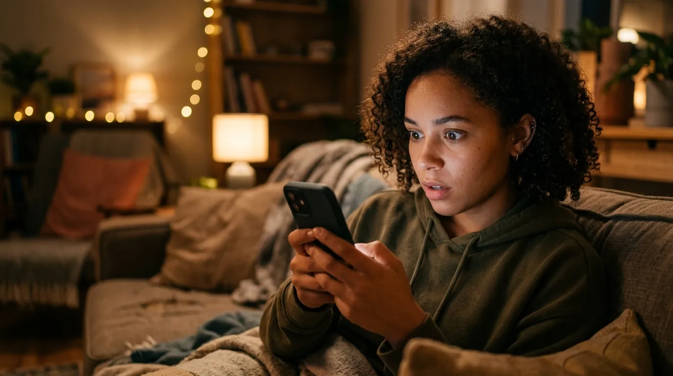 A person looking curiously at a viral post on their glowing smartphone