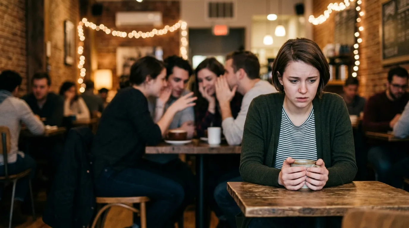 A group of people sitting at a cafe, whispering to each other while one person stands apart feeling isolated.