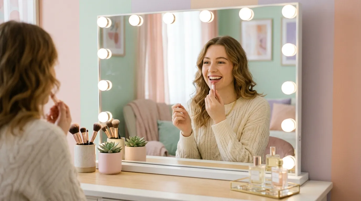 Cheerful woman applying soft pink lipstick in front of a mirror