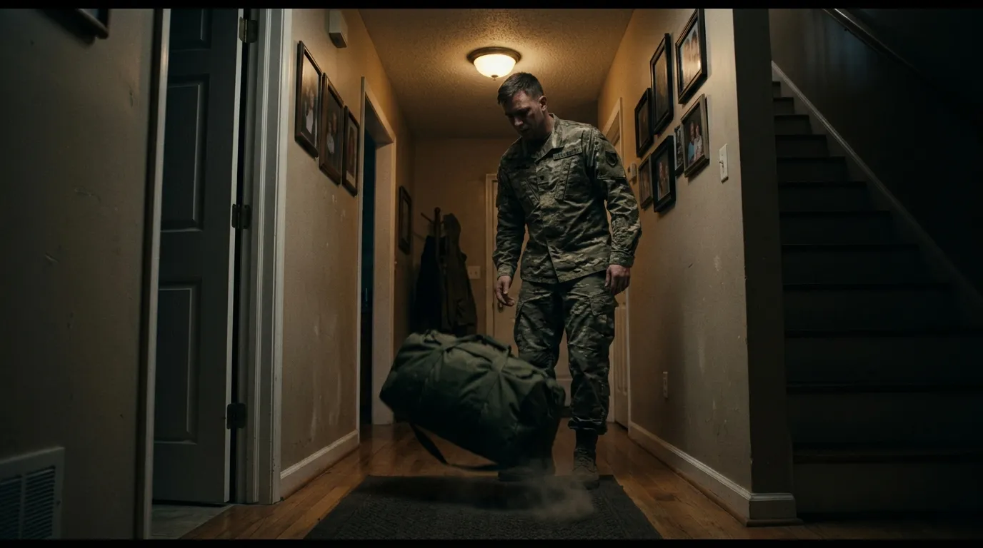 A soldier dropping his duffel bag in a dimly lit, tense hallway.