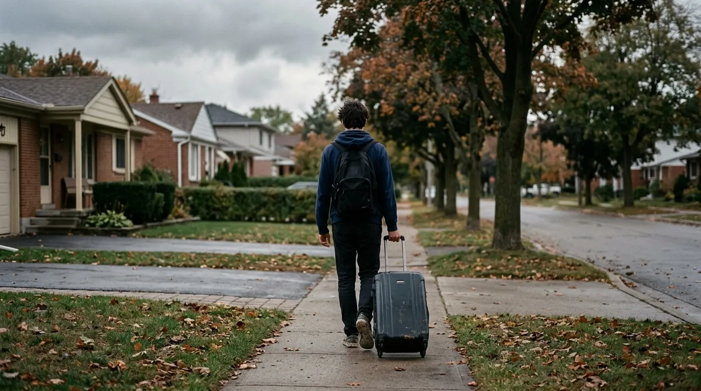 Young man walking away down the street carrying a suitcase