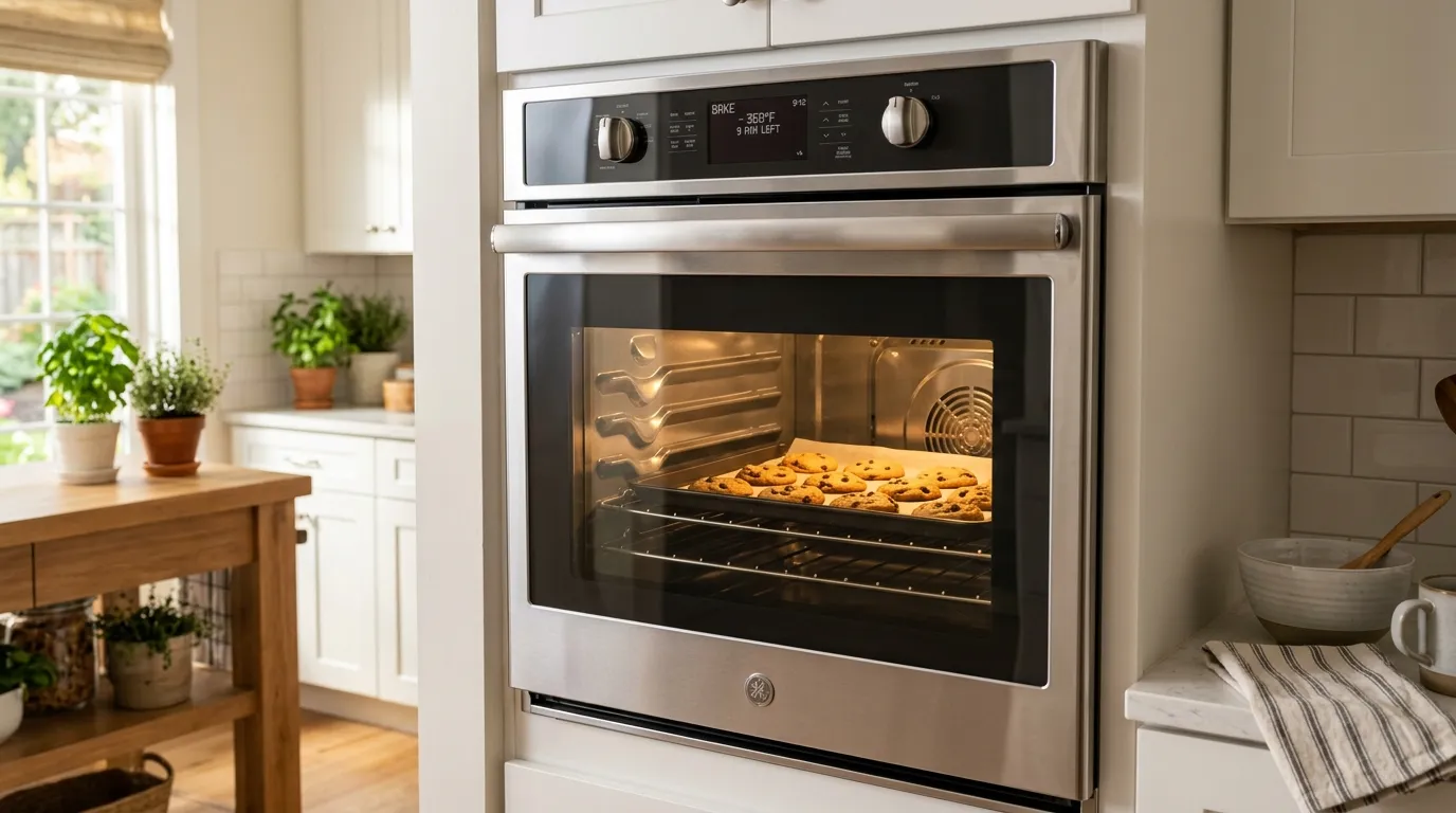A sparkling clean oven door showing cookies baking inside without needing to open the door