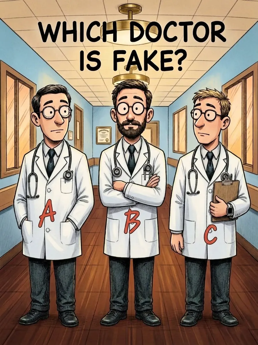 Three men dressed as doctors standing in a hospital hallway, but one is an imposter.