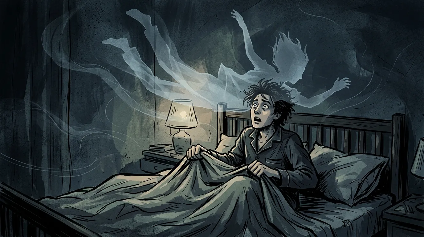Artistic representation of a person jerking awake in bed with a silhouette of falling