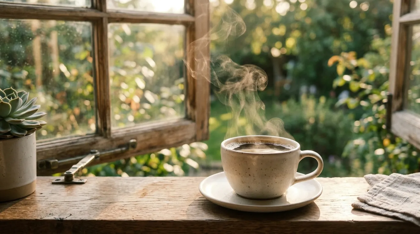Steaming cup of black coffee in the morning light