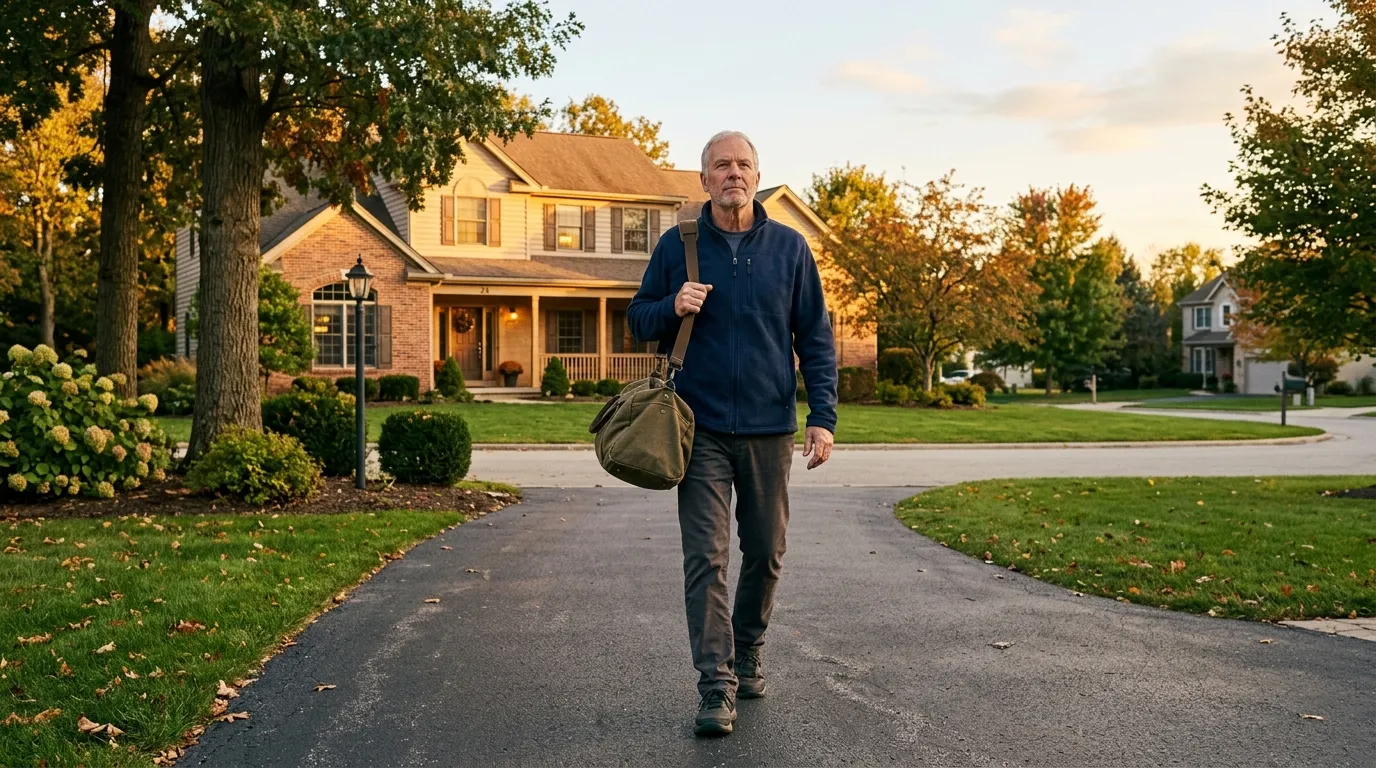 Man walking down a driveway with a duffel bag