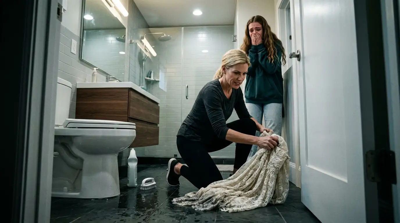 Smug stepmother using an ivory lace dress to mop up a bathroom floor flood while teenager watches in horror