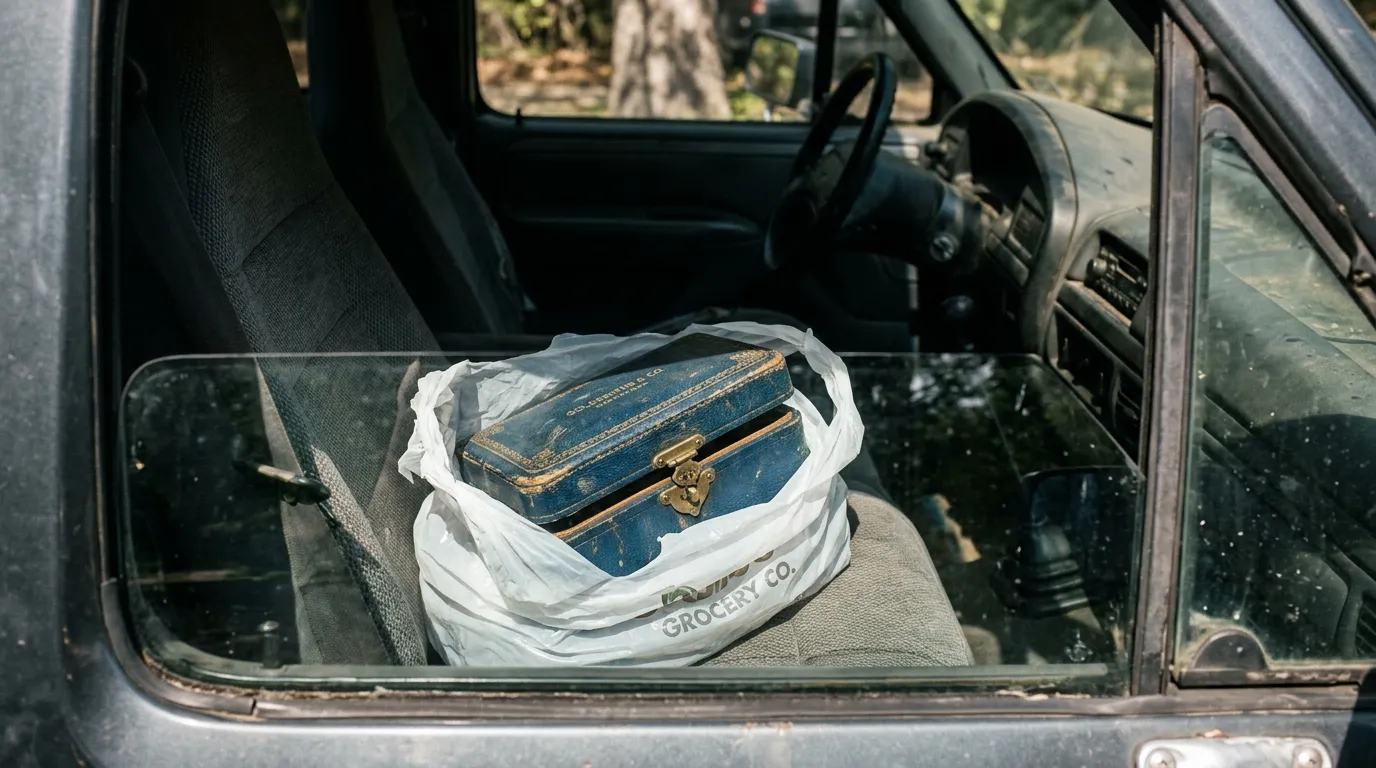 A vintage blue leather jewelry case sitting inside a grocery bag on the front seat of a pickup truck.