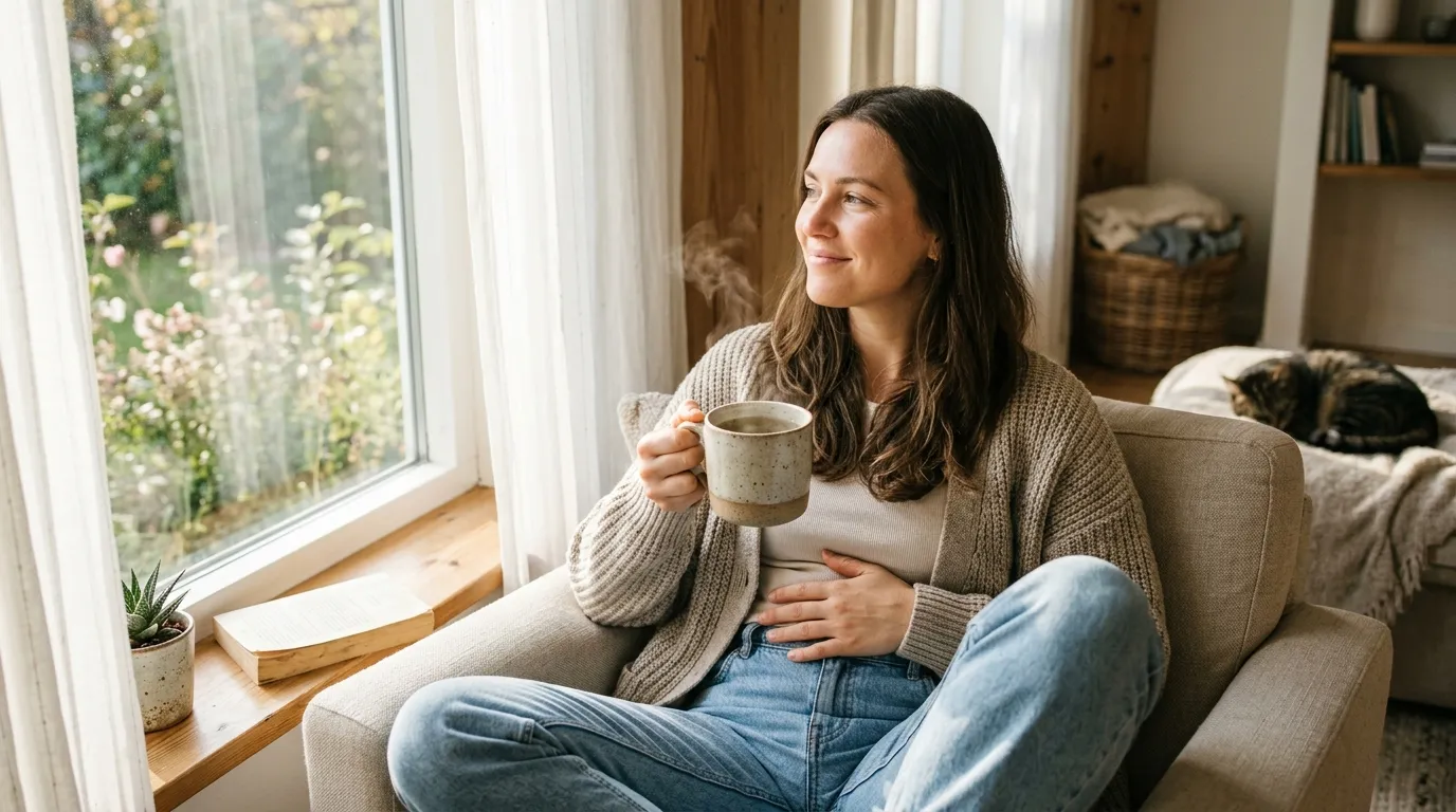 Healthy person drinking herbal tea and holding their stomach