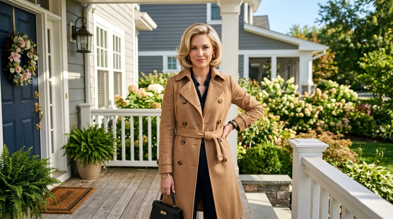 A confident younger woman standing on a porch in the morning light