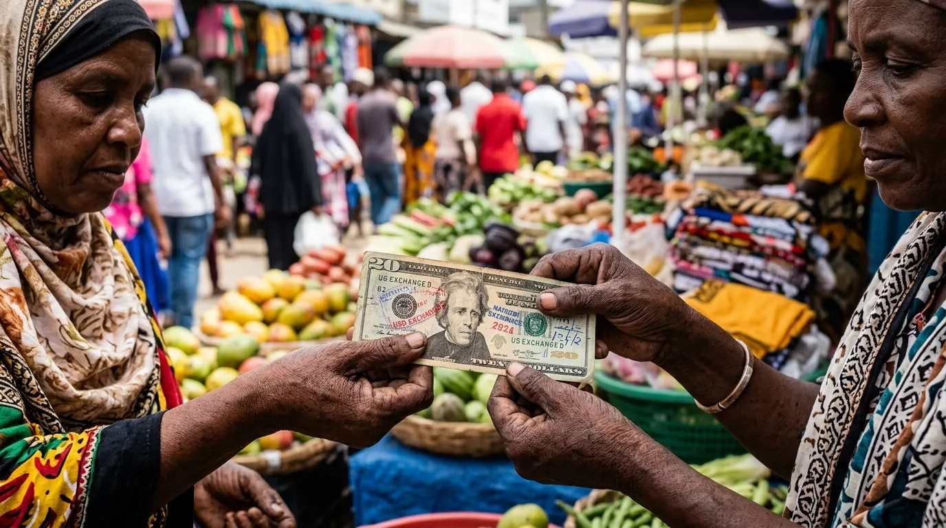A street vendor exchanging a heavily stamped U.S. twenty-dollar bill with a customer in a bustling outdoor market.