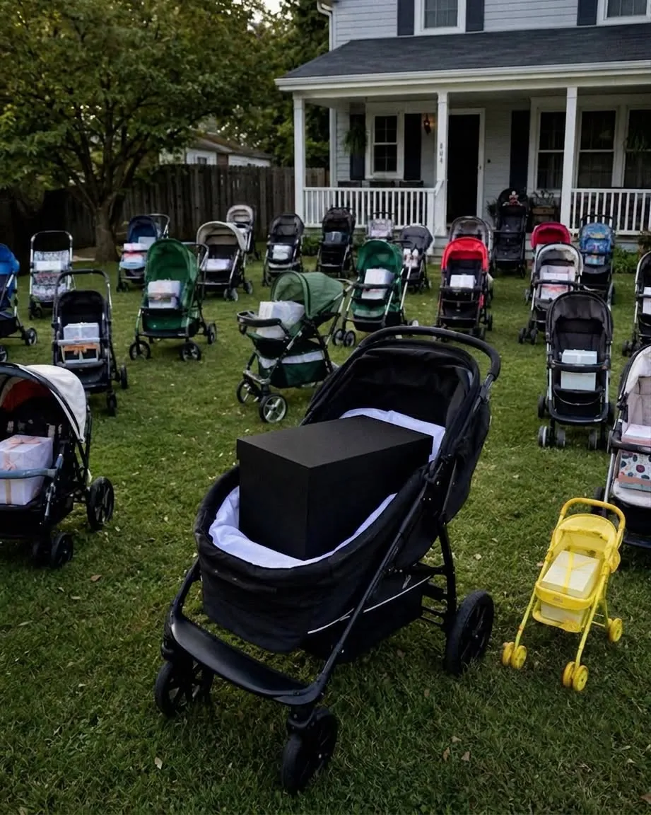 Dozens of baby strollers covering a suburban front lawn at misty sunrise