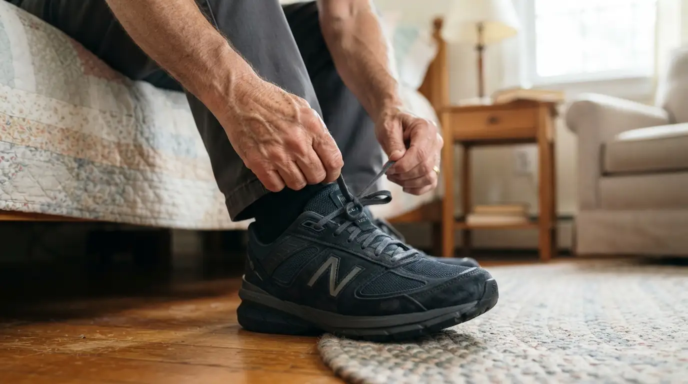 Close-up of hands tying the laces of a sturdy, supportive, non-slip walking shoe