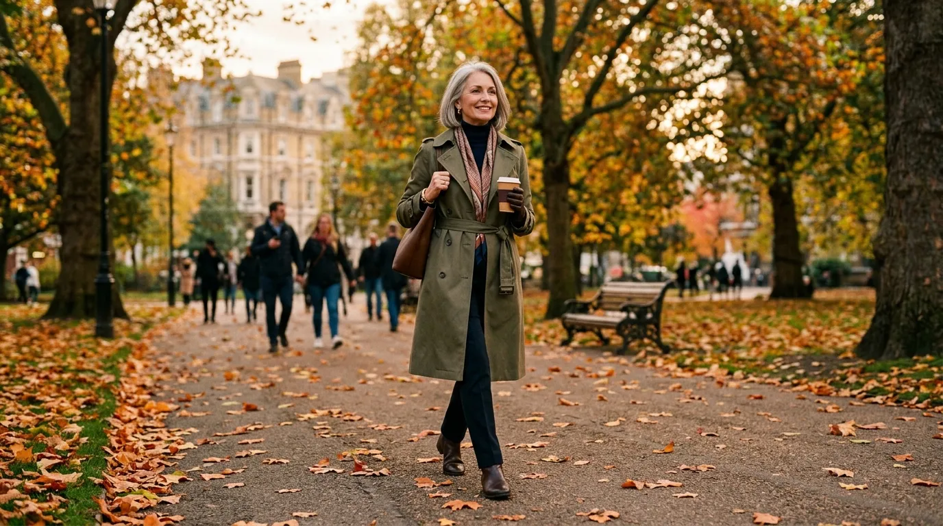 A well-dressed woman in her late 50s wearing an olive trench coat walking through an autumn park