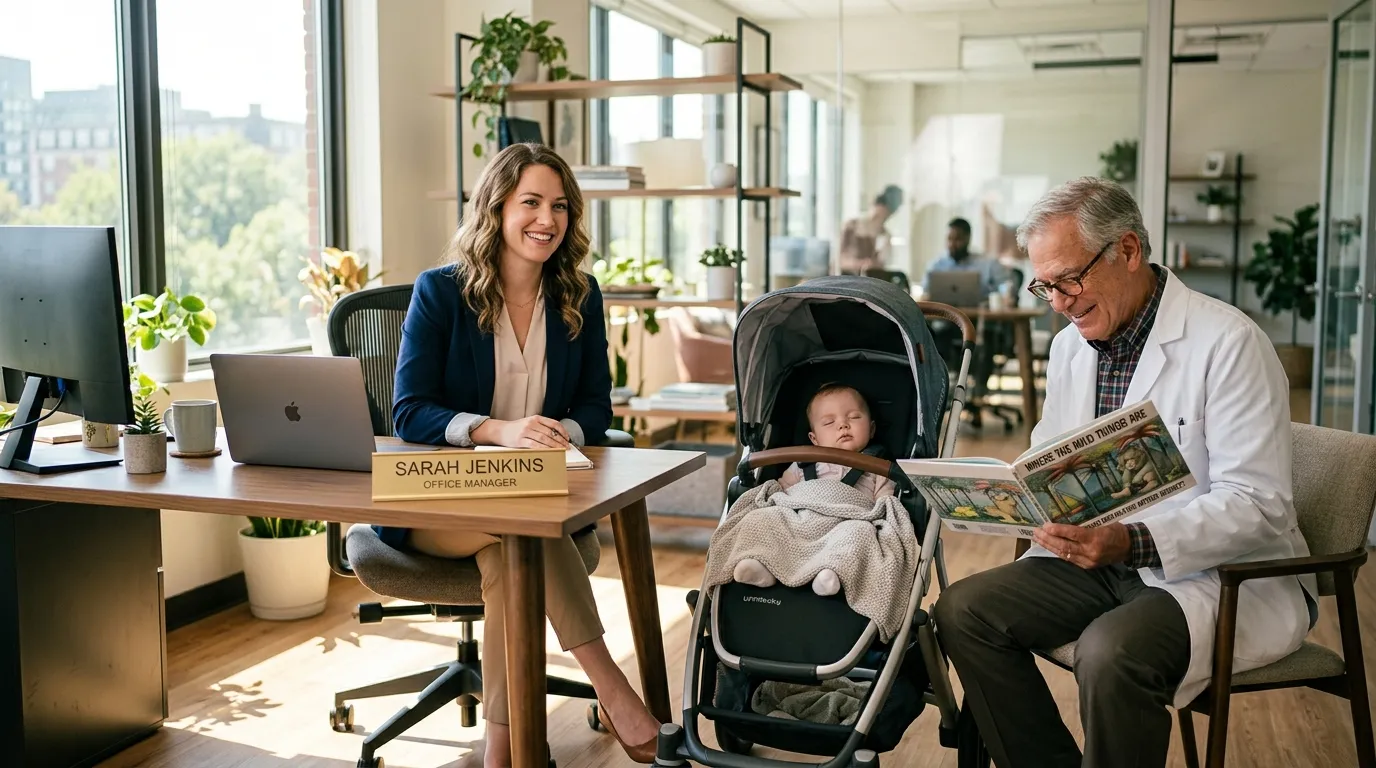 Successful mother sitting in her office while a kind older doctor reads to her baby