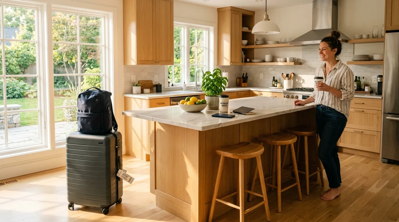A packed suitcase resting in a sunny, clean modern kitchen