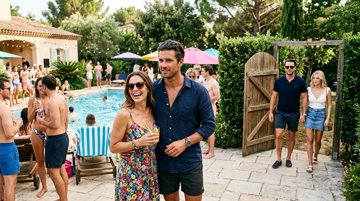A lively outdoor pool party with a handsome man standing supportively beside a smiling woman.