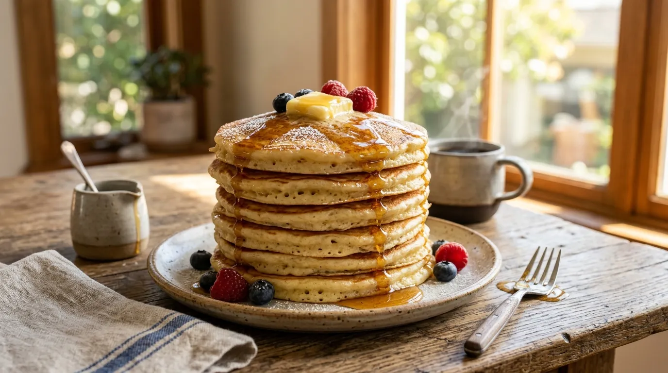 Stack of fluffy pancakes with melting butter and syrup