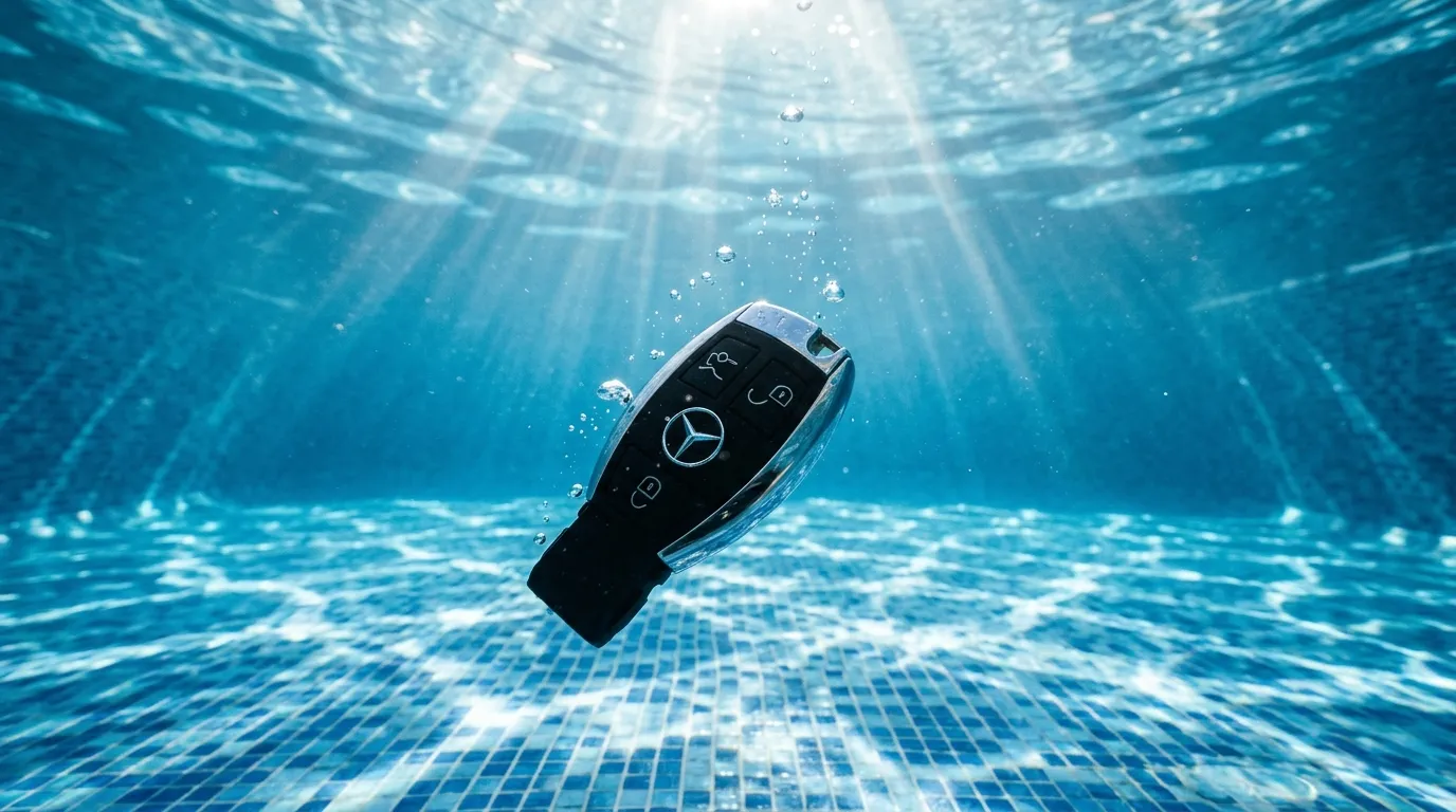 An underwater shot of a sleek black car key fob sinking to the bottom of a bright blue swimming pool with sun rays filtering through the water.