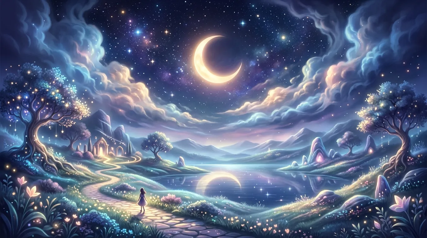 A surreal, peaceful dreamscape with soft glowing clouds and a starry night sky