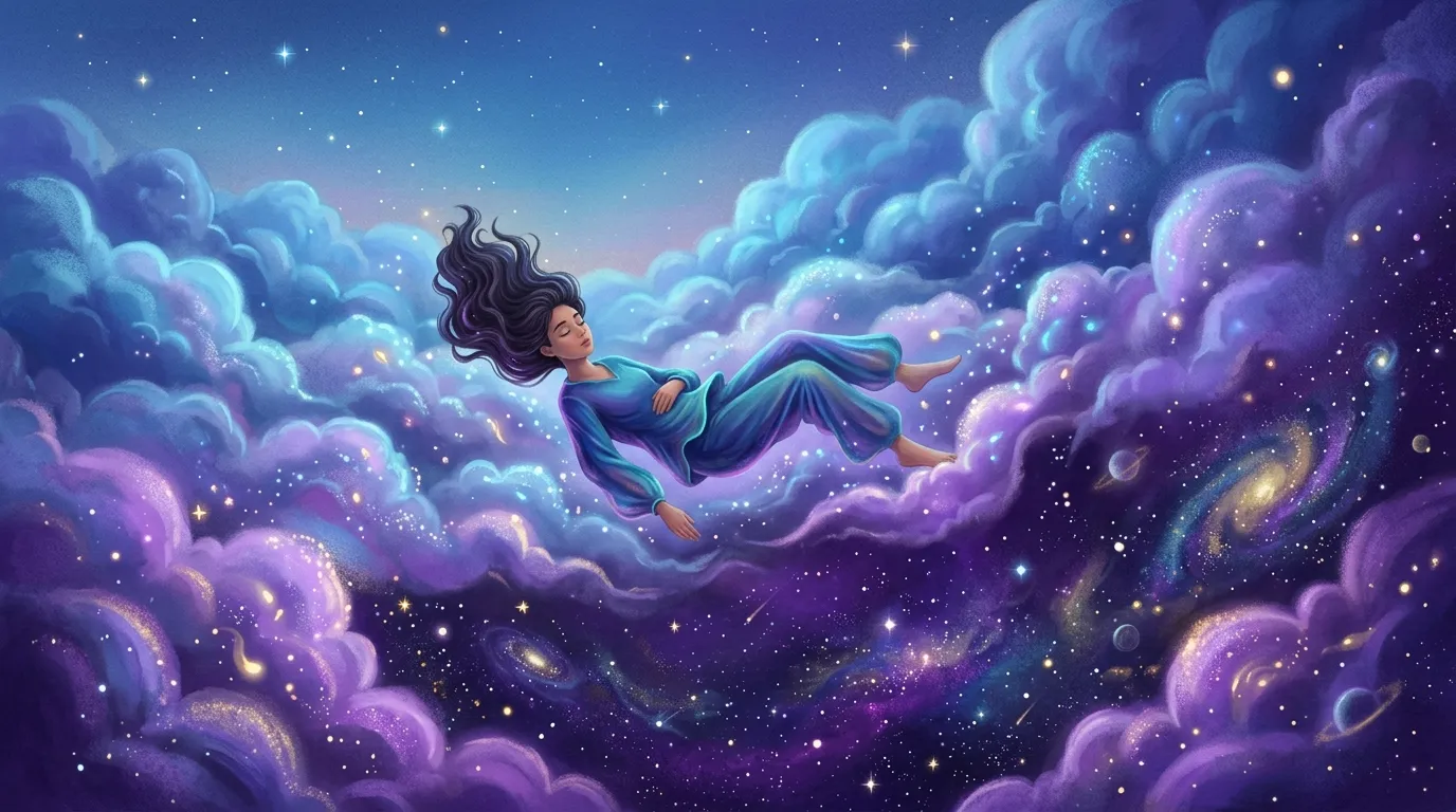 Surreal illustration of a person floating down through glowing clouds into deep sleep