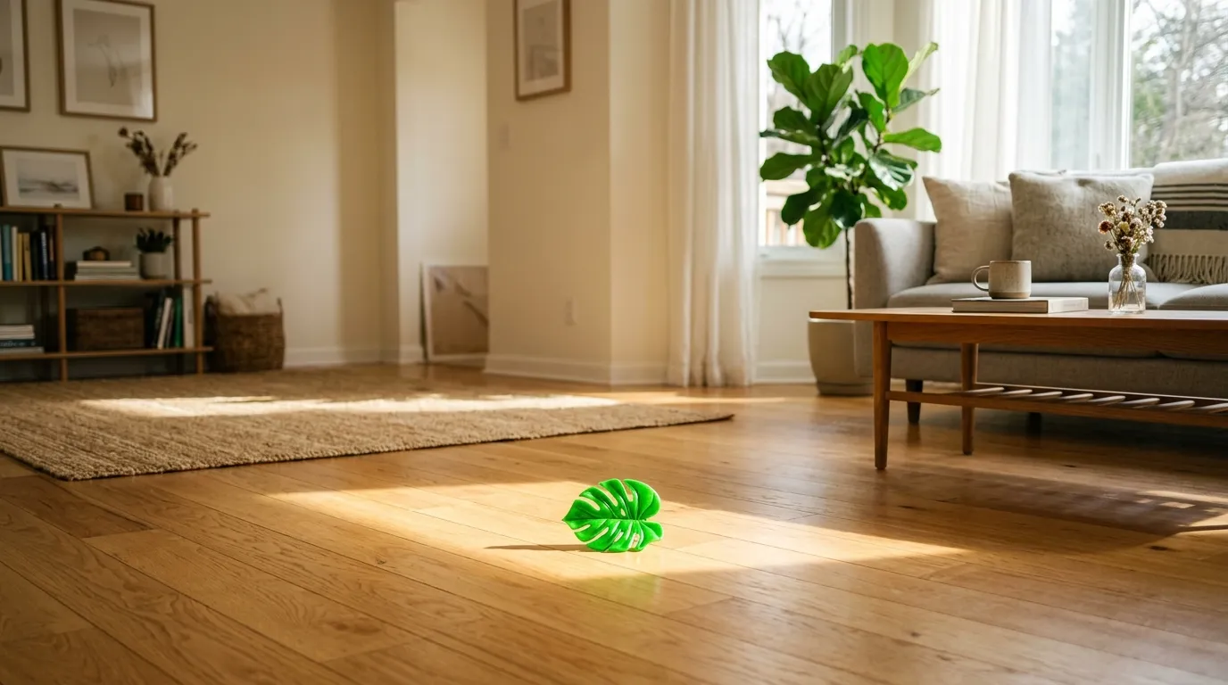 A tiny, bright green, leaf-like object resting on a sunlit hardwood living room floor.