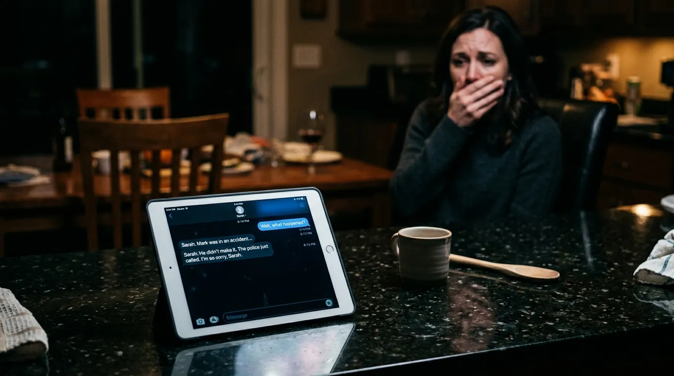 A glowing digital tablet showing a text message conversation on a kitchen counter.