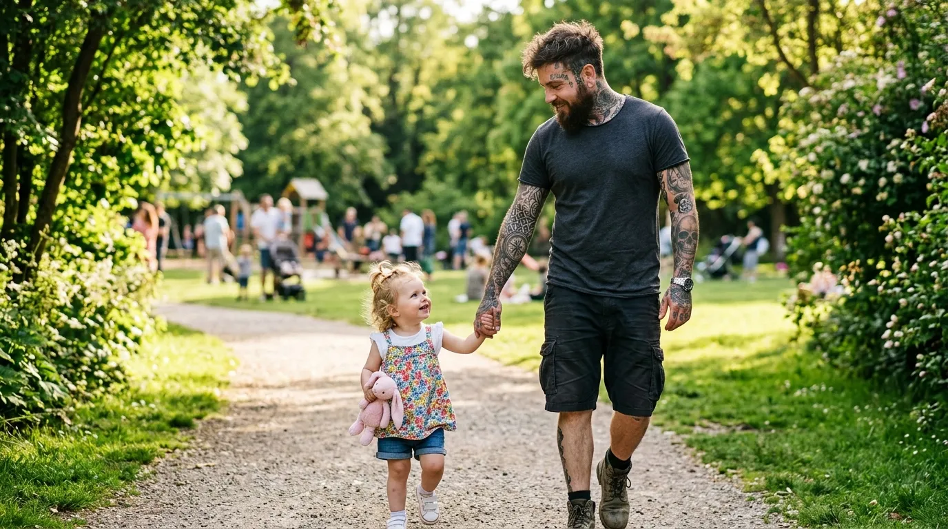 Heavily tattooed father walking hand-in-hand with his young daughter in a park