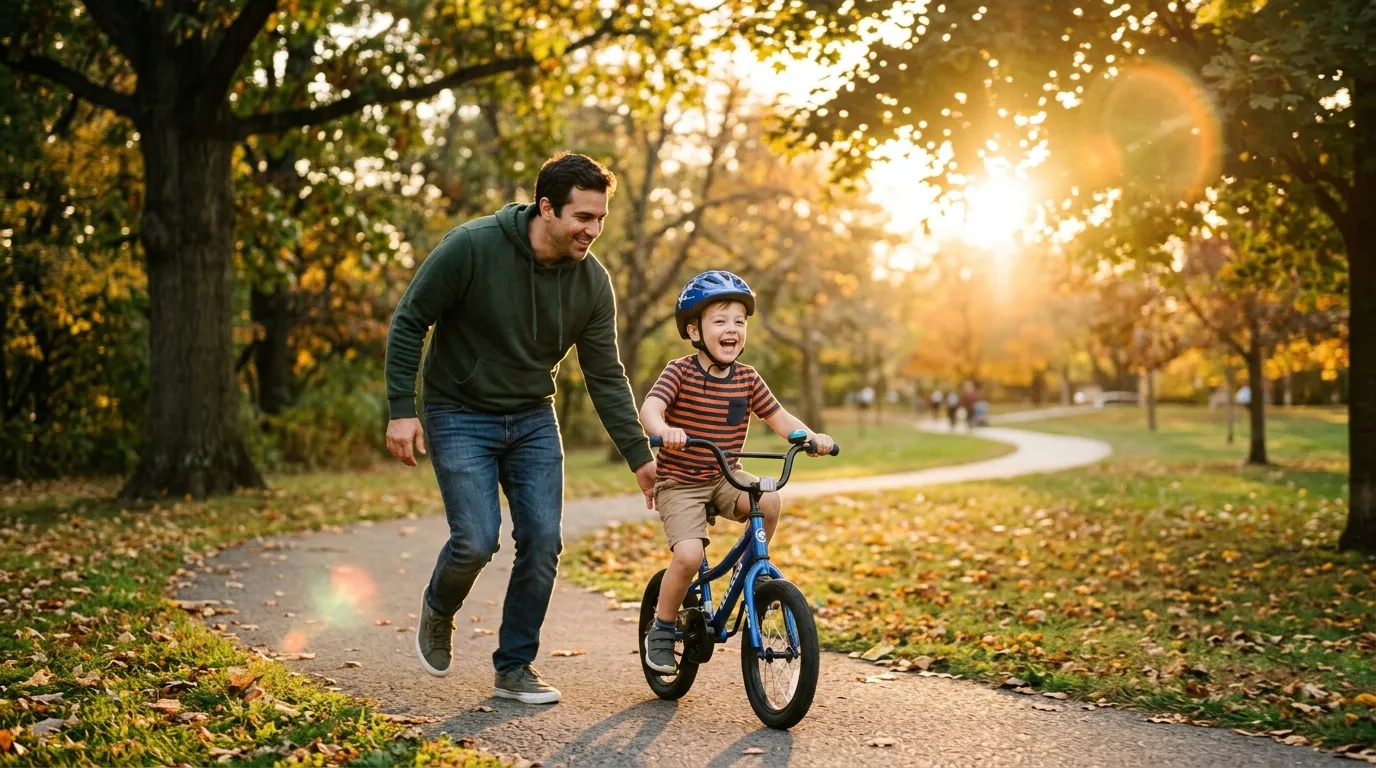 Father teaching his son how to ride a bicycle in the park