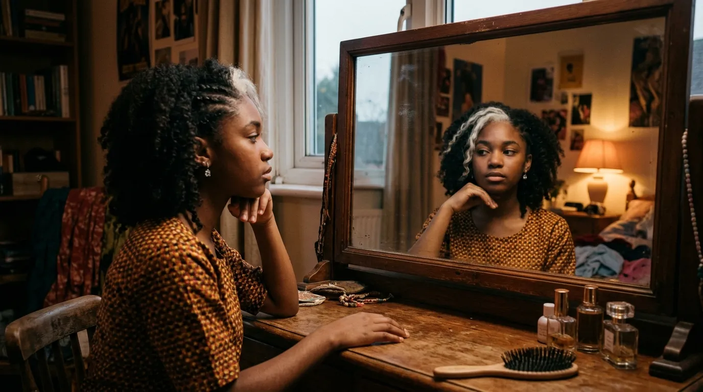 Young teenage girl looking into a mirror, touching her white streak of hair thoughtfully