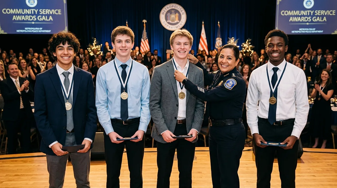 Four smiling teenage boys receiving medals from a police chief on a brightly lit stage