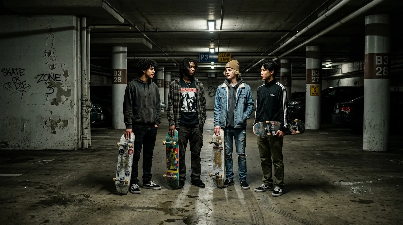 Four teenage boys holding skateboards in a dimly lit underground parking lot