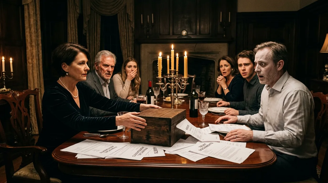 A dramatic, dimly lit dining room scene where a woman pushes a wooden box and papers toward a shocked man, surrounded by stunned family members.
