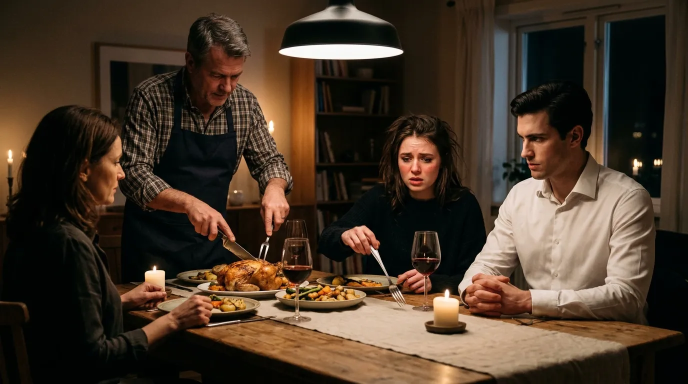 Tense dinner table with a father, a nervous daughter, and an imposing boyfriend.