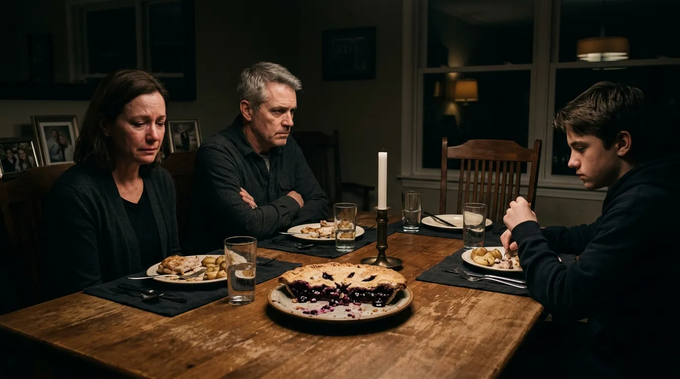 A moody, cinematic shot of a family dinner table with a blueberry pie and an empty chair