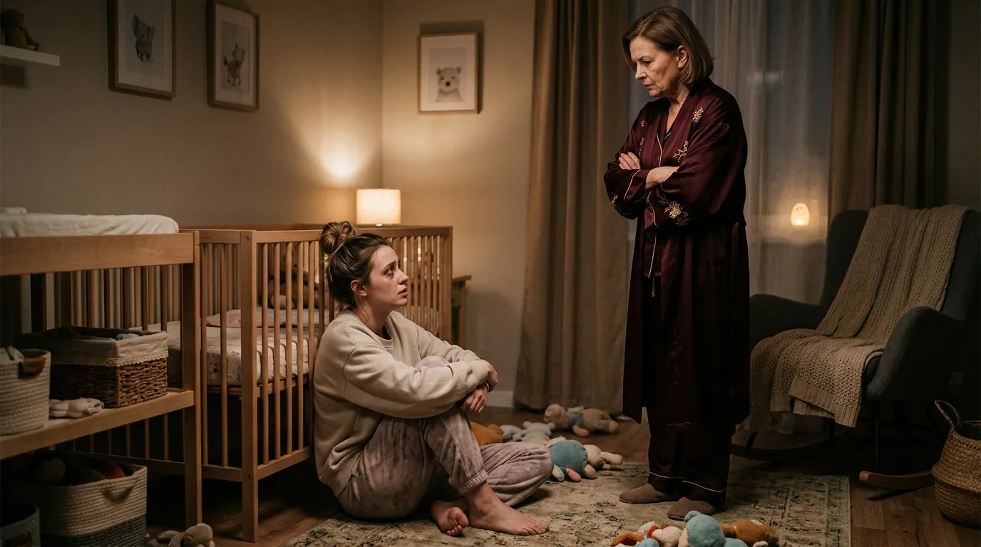An exhausted mother sitting on the floor while an arrogant older woman looks down at her.