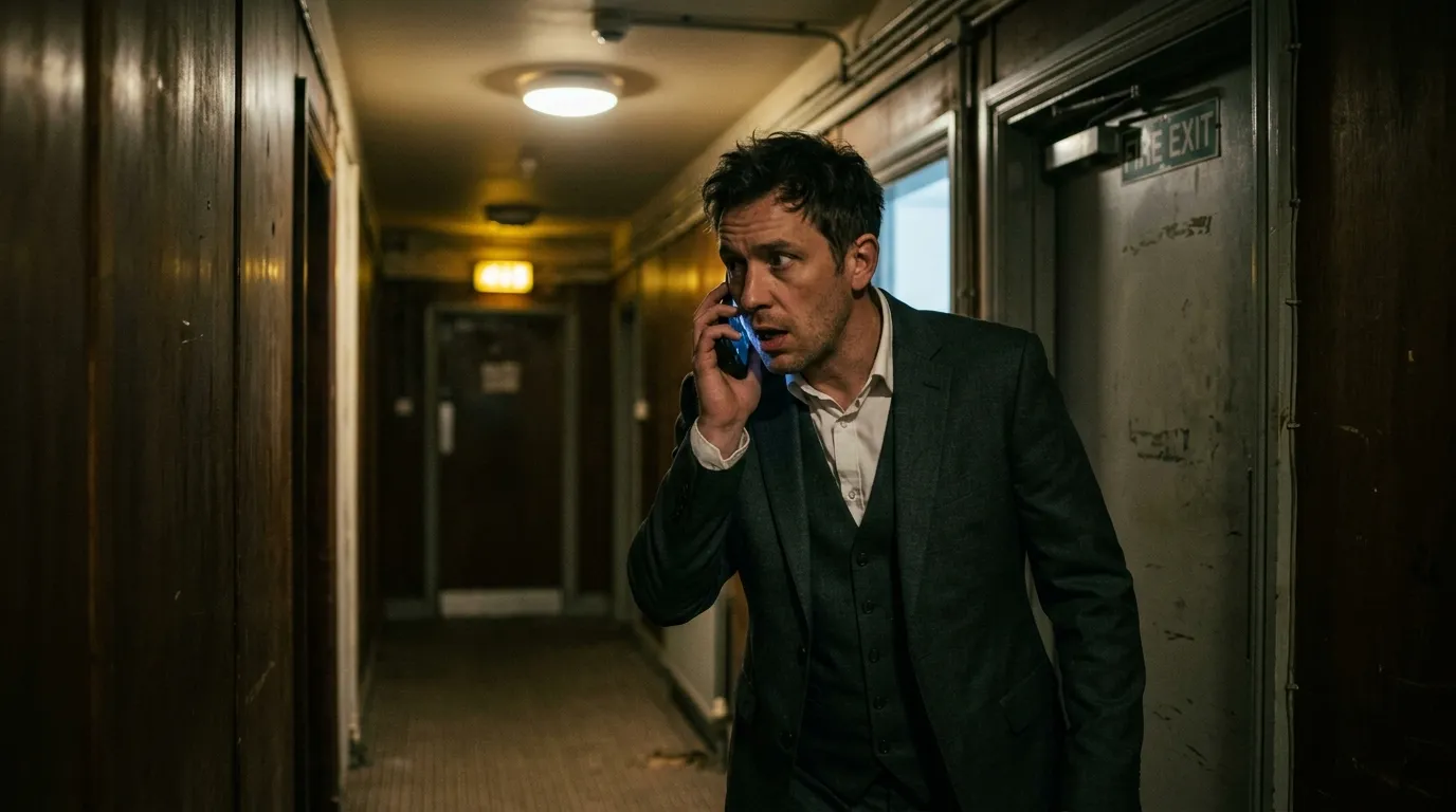 A man in a suit whispering urgently on a cell phone in a dimly lit hallway.
