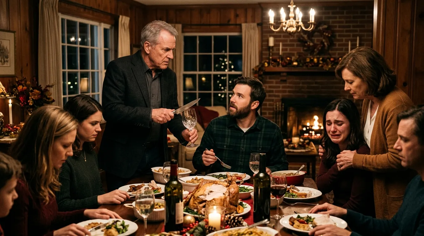 Tense Thanksgiving dinner with father tapping a glass