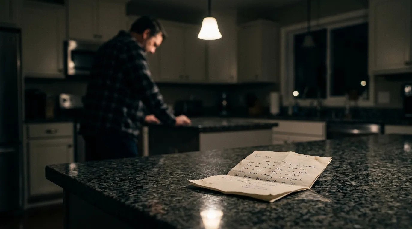 A single folded note sitting on a kitchen counter