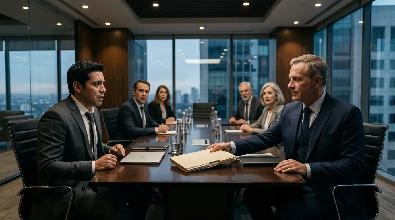 Diego sliding a manila folder across the boardroom table to a shocked Alvaro