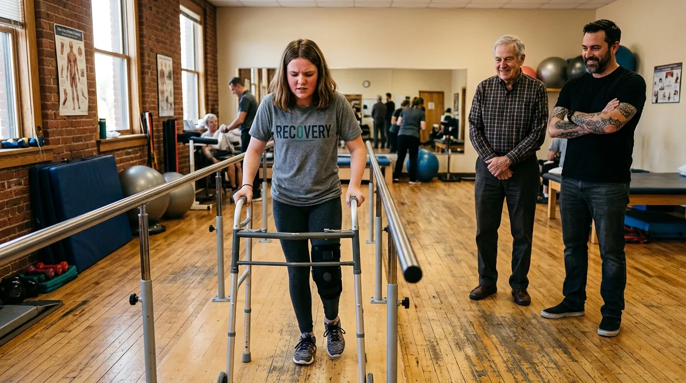 A teenage girl takes steps with a walker in a therapy room while two men watch from a distance.