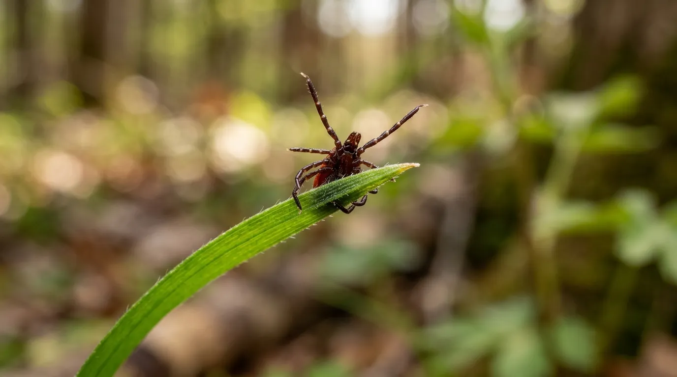 A tiny blacklegged tick waiting on the tip of a green blade of grass